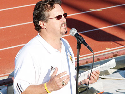 Head Coach Jeff Pierce speaks to the crowd at last year's "Freshman Picnic" (Photo courtesy Big Rapids Pioneer)