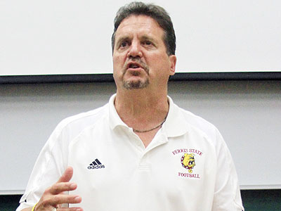 FSU Head Coach Jeff Pierce addresses the crowd at Wednesday's "Freshman Picnic" (Photo by Zeke Jennings, Big Rapids Pioneer)