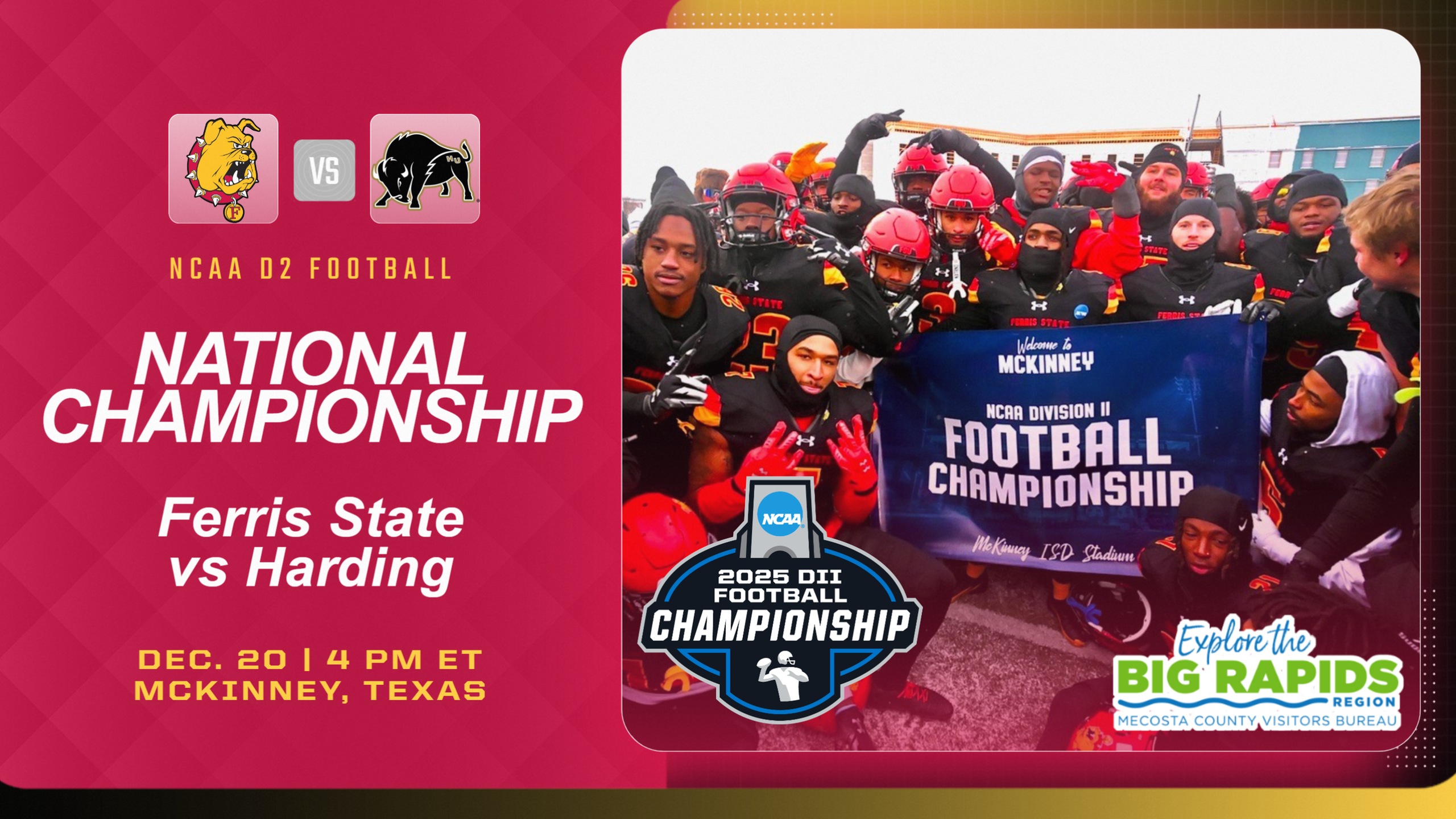 NATIONAL CHAMPIONSHP GAME! Ferris State To Face Harding In D2 Title Game On Dec. 20 In Texas